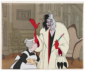 WALT DISNEY STUDIOS / 101 DALMATIONS Cruella DeVil and Nanny Animation Cel Setup 1961.